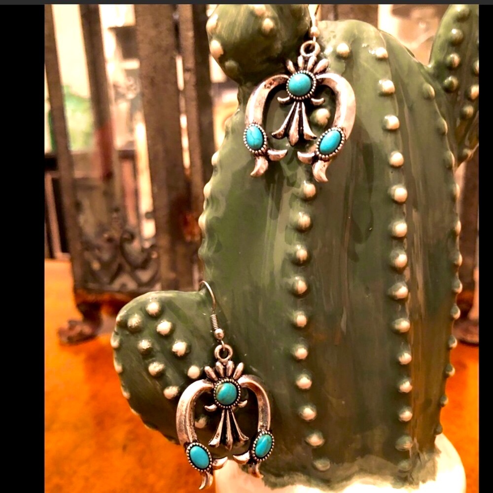 SQUASH BLOSSOM SILVER TURQUOISE EARRINGS  LAST PAIR